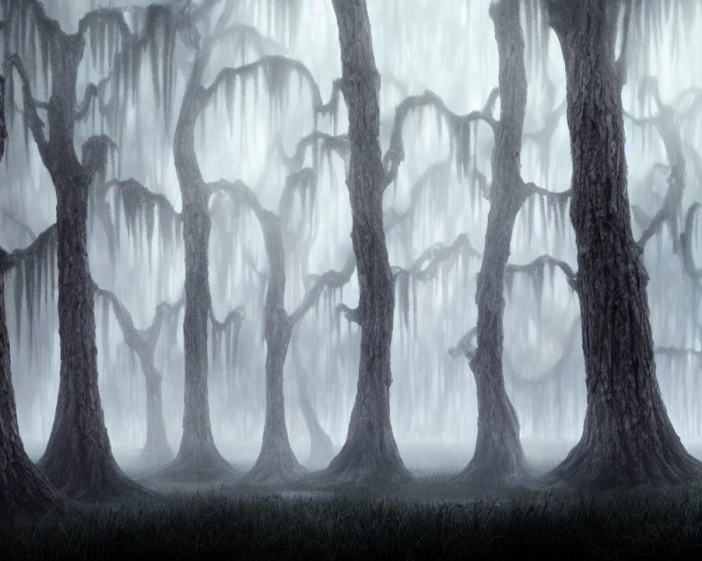 Ethereal misty forest with towering silhouetted trees