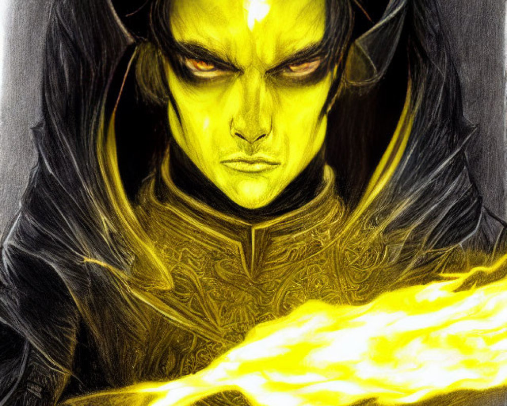 Fantasy character with yellow eyes and glowing markings casting energy beam