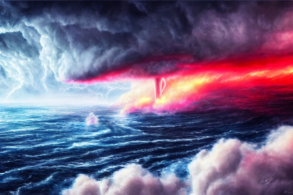 Vivid ocean scene with fiery red and cool blue colors and stormy atmosphere