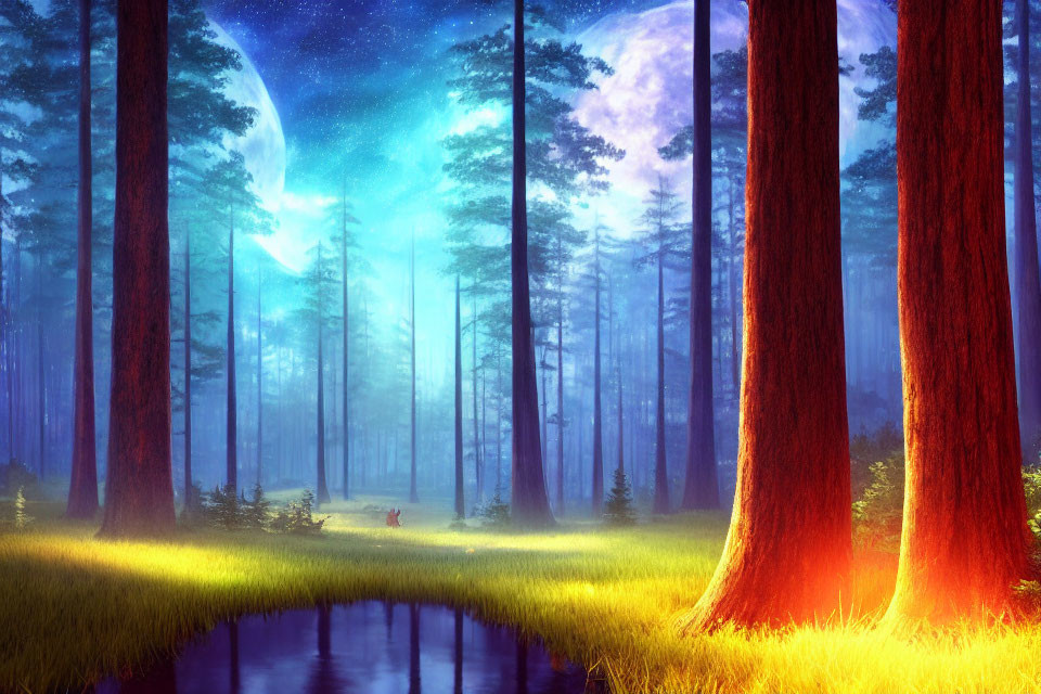 Twilight fantasy forest with towering trees and serene river