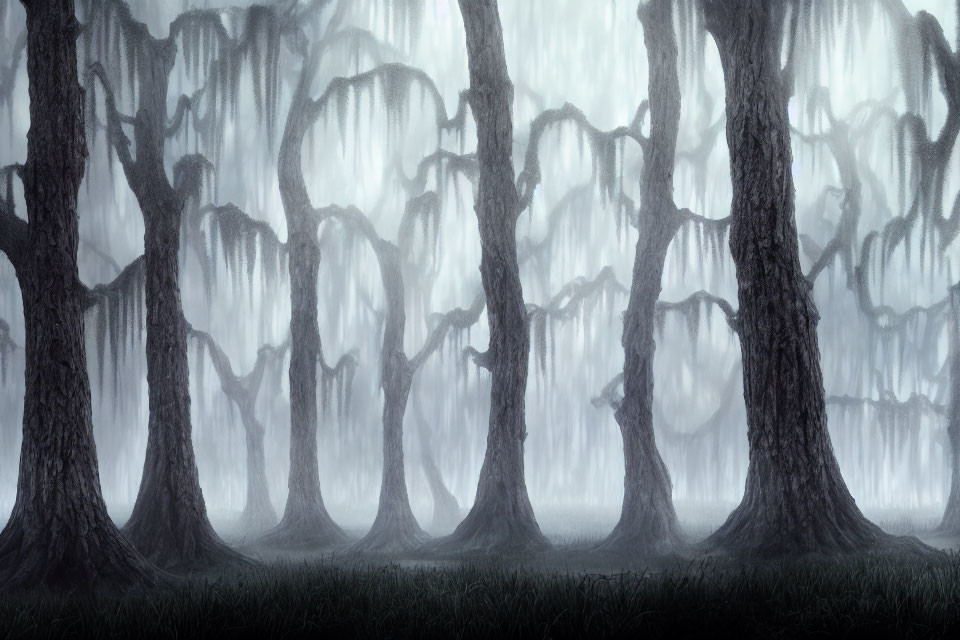 Ethereal misty forest with towering silhouetted trees