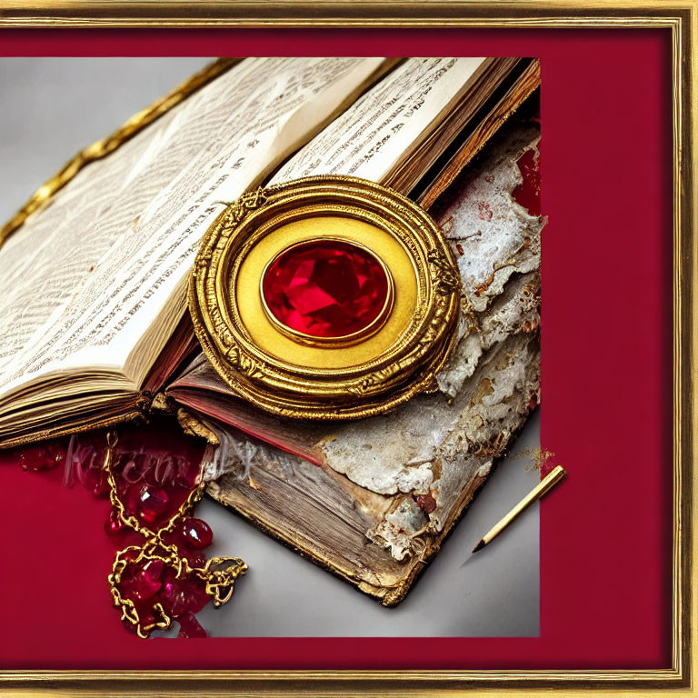 Opulent ruby and gold pendant on antique book with crimson backdrop