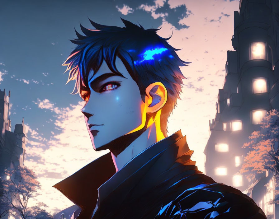 Male anime character with blue glowing eyes in twilight cityscape