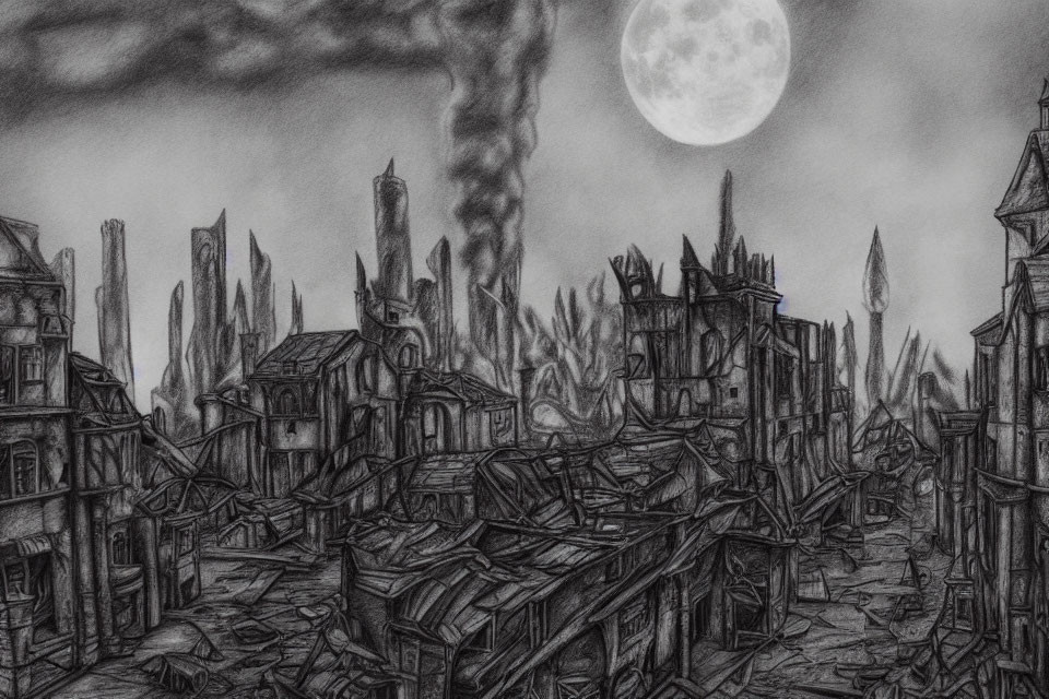 Dystopian cityscape pencil drawing: night scene with dilapidated buildings and full moon.