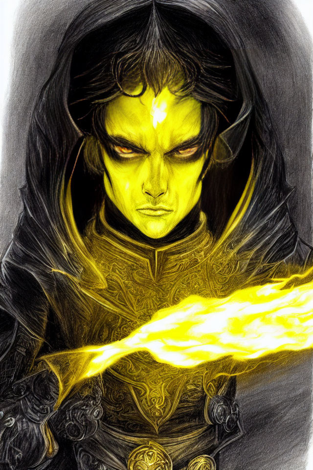 Fantasy character with yellow eyes and glowing markings casting energy beam