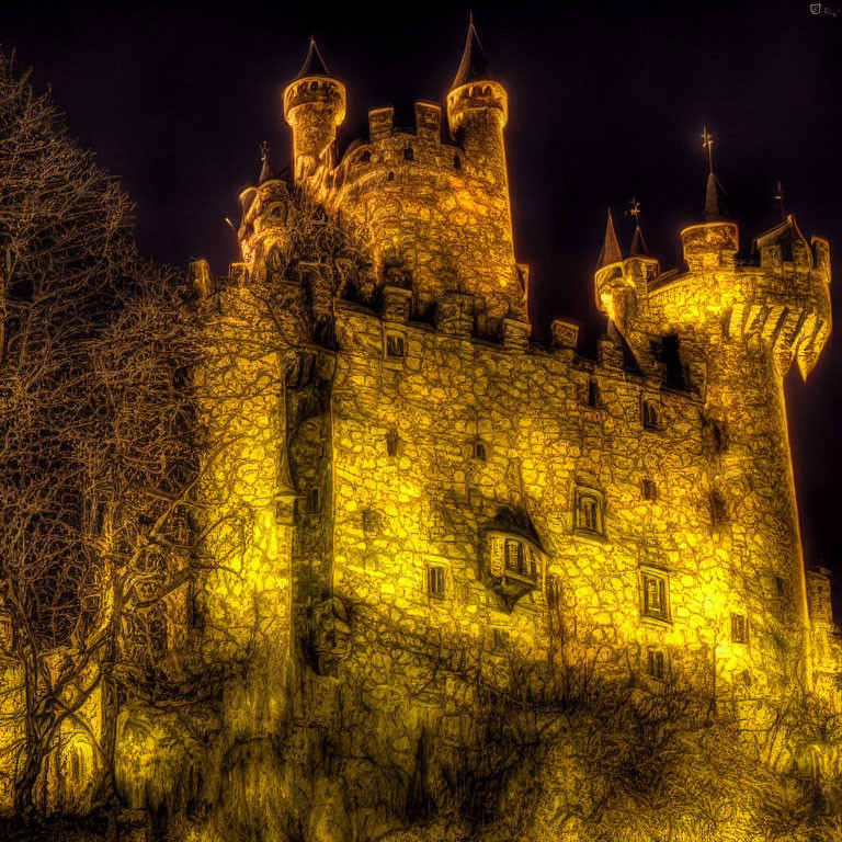 Medieval castle at night with dramatic glow and stone walls.