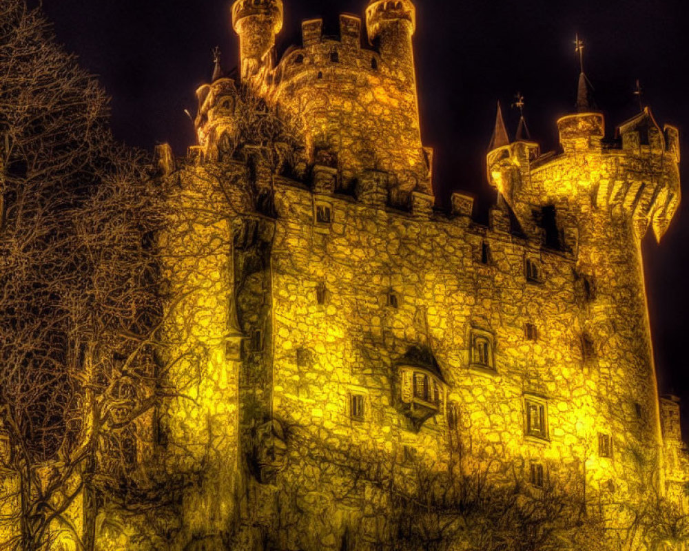 Medieval castle at night with dramatic glow and stone walls.