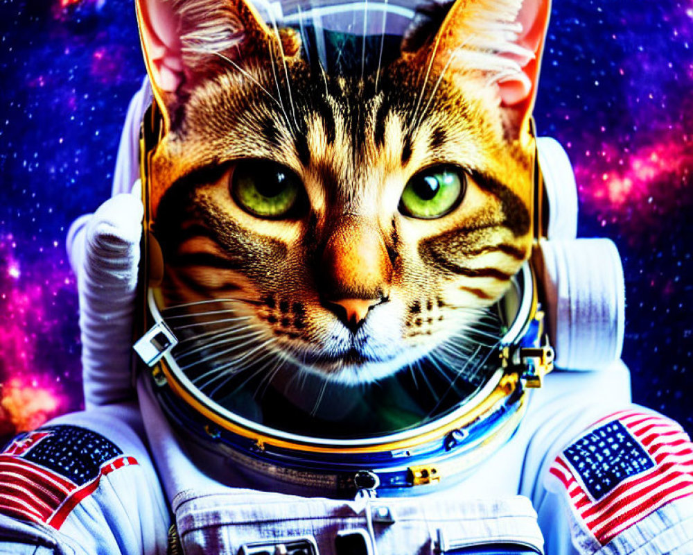 Cat in Spacesuit with Helmet Against Colorful Space Background