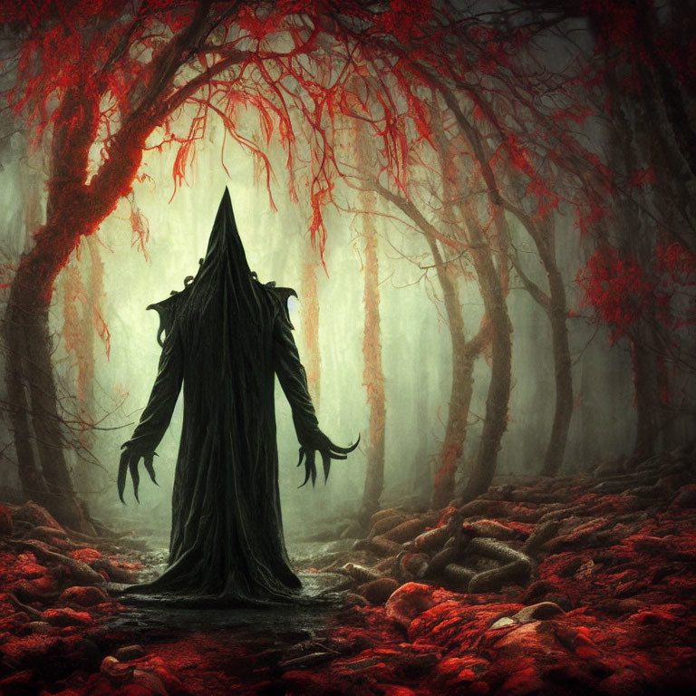 Cloaked Figure in Dark Forest with Red Leaves and Misty Background