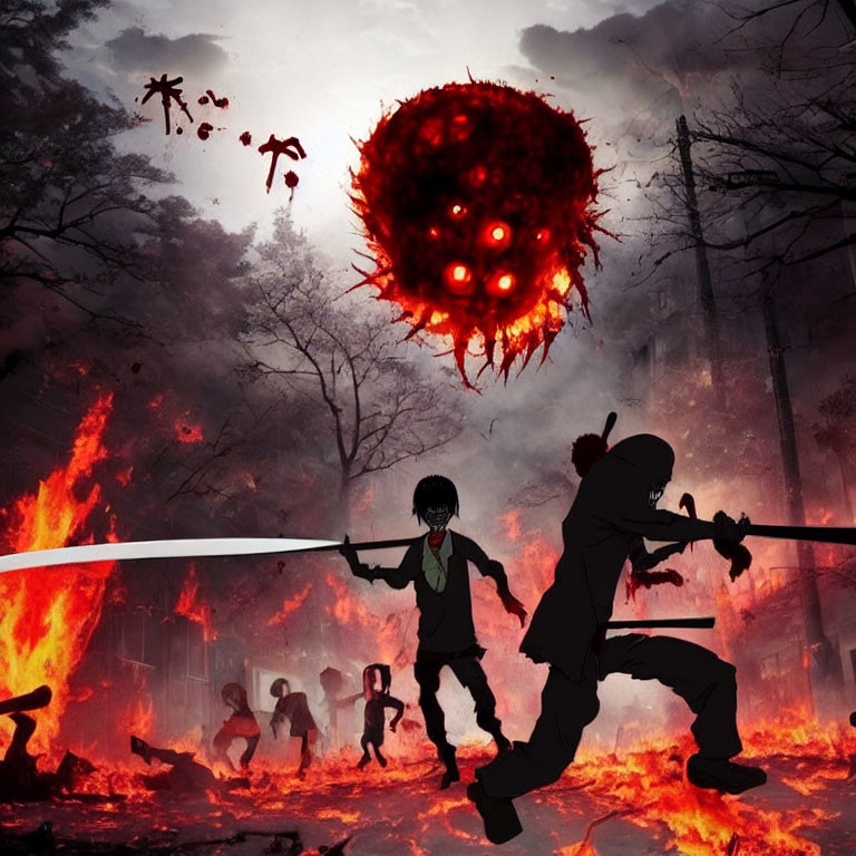 Silhouetted figures duel with swords in fiery landscape with menacing red-eyed entity