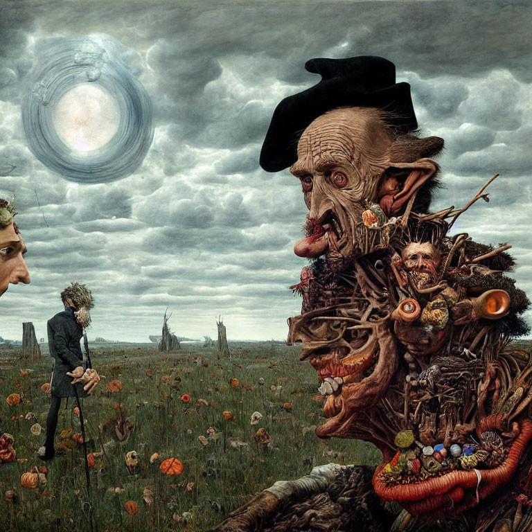 Surreal artwork featuring three unique figures in a field