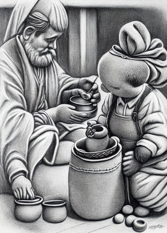 Elderly man and child crafting clay pots together