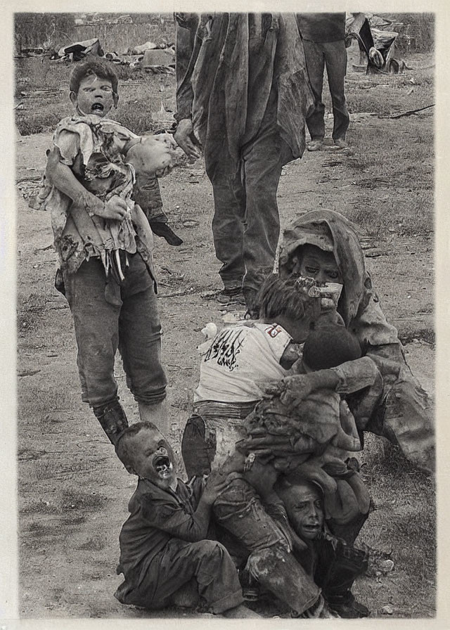 Monochrome photo of distressed children huddled together with crying child and adult figure