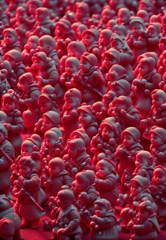 Collection of baby-like figurines in red lighting