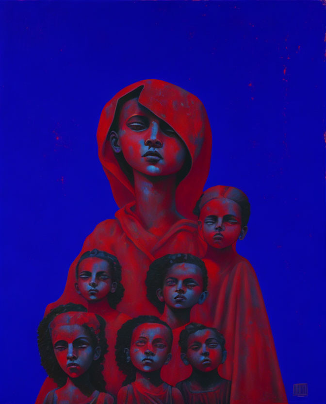 Colorful Painting with Central Figure in Red Hood and Six Faces on Blue Background