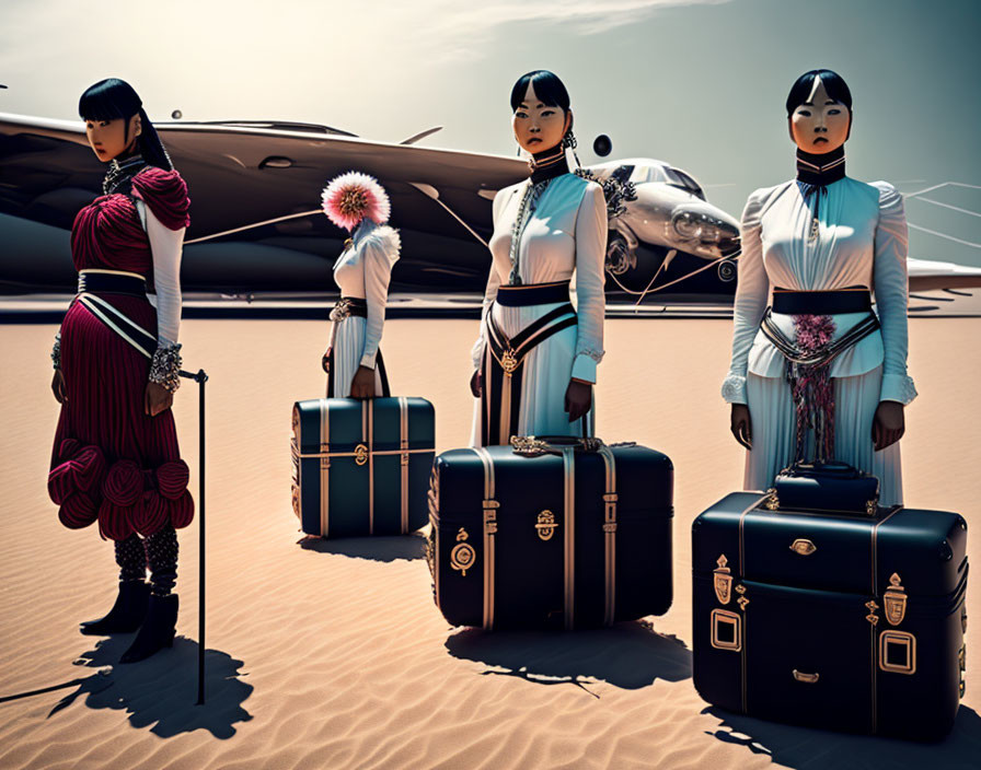 Three women in stylish outfits with fashion luggage on desert backdrop with luxury aircraft.