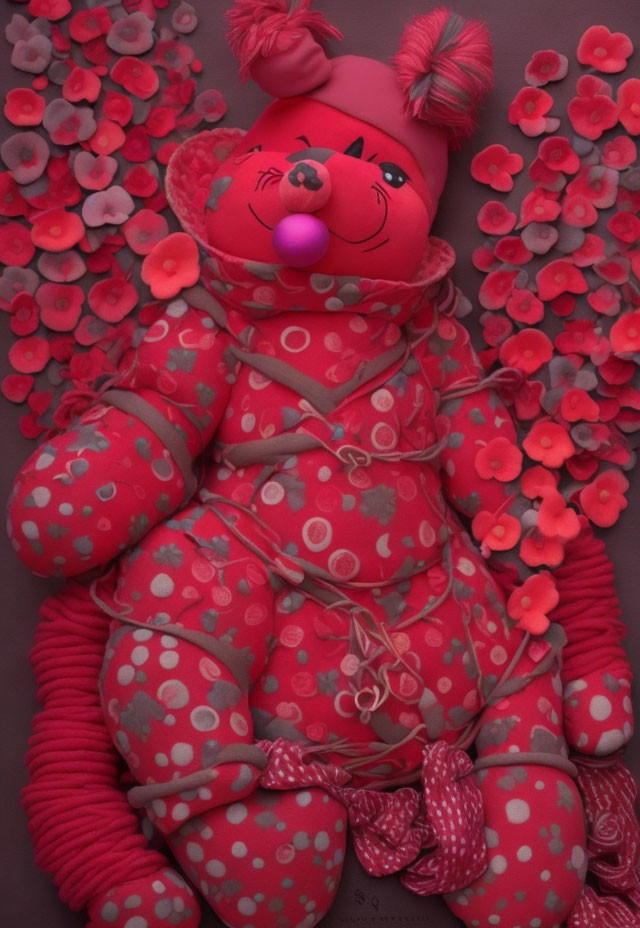 Red Plush Bear Surrounded by Flowers on Dark Background