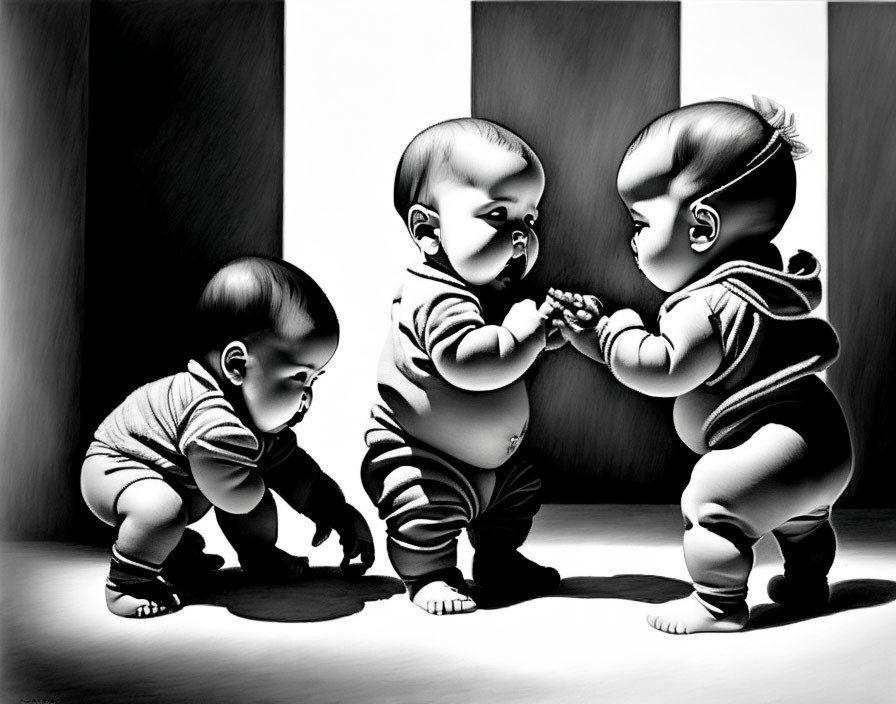 Three babies in striped outfits interacting with each other: one crawling away, two standing facing each other,