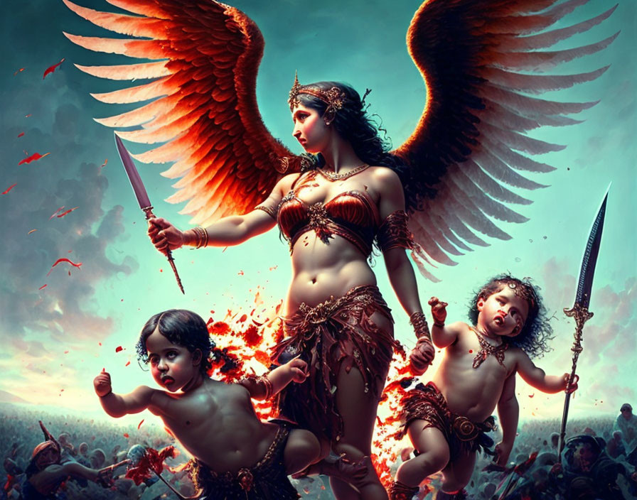 Female warrior with wings, swords, and infants in chaotic battlefield.