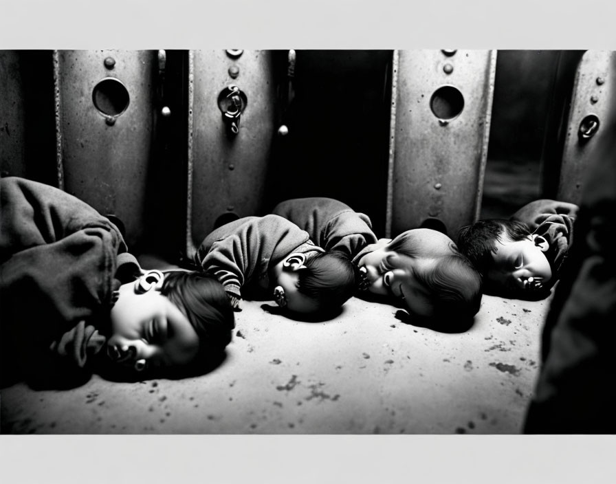 Monochrome photo: Four children sleeping on floor among metal structures