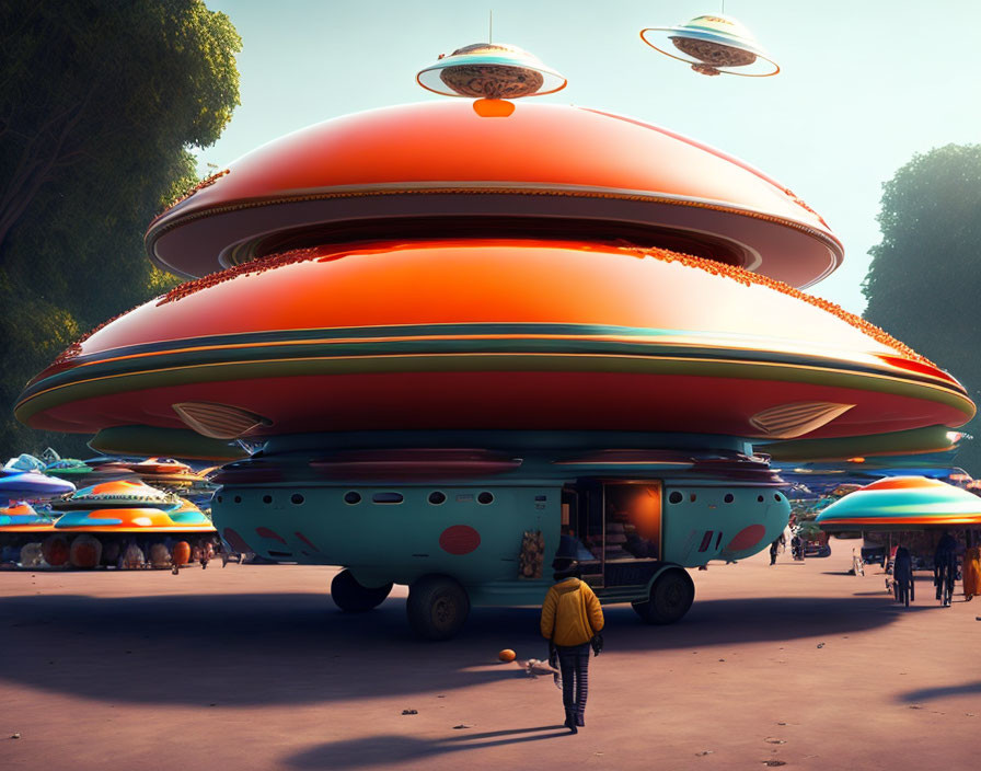 Colorful Flying Saucers Hovering in Futuristic Setting