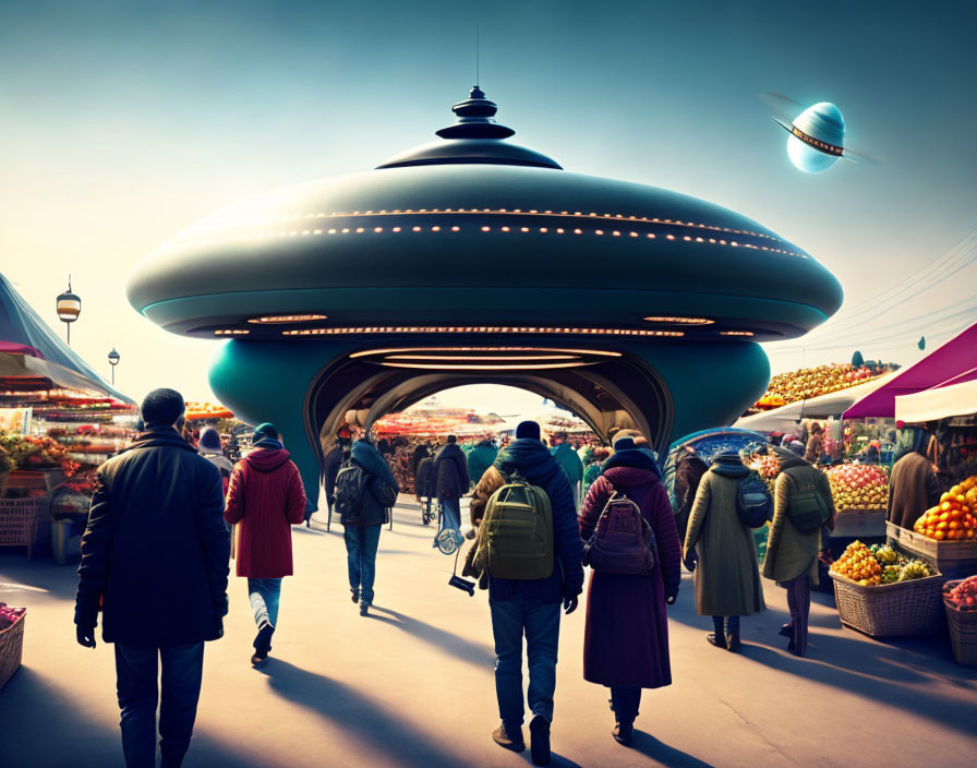 Vibrant market scene with UFOs in surreal setting