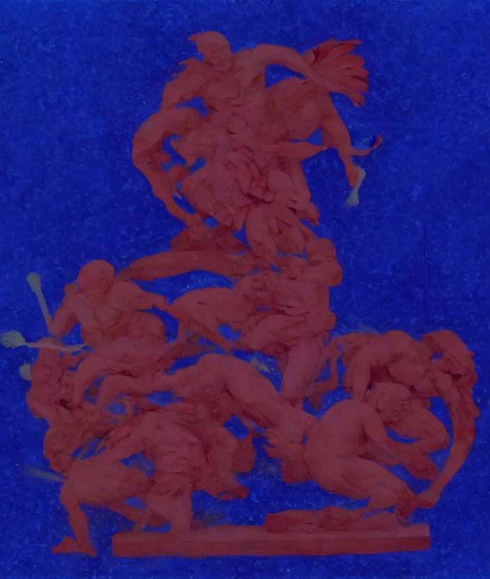 Red Bas-Relief Sculpture of Classical Figures on Deep Blue Background