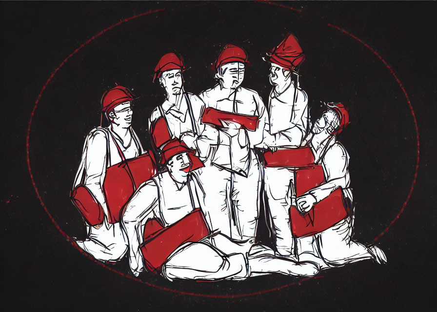 Six individuals in red and white uniforms discussing with urgency and focus