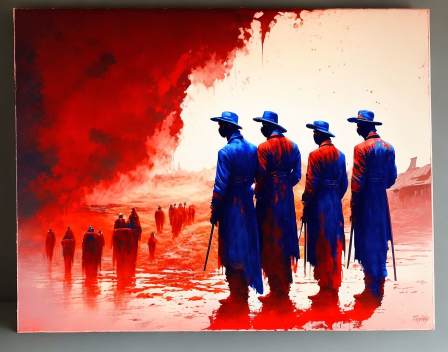 Vibrant painting: Four blue figures in period attire surrounded by crowd on red backdrop