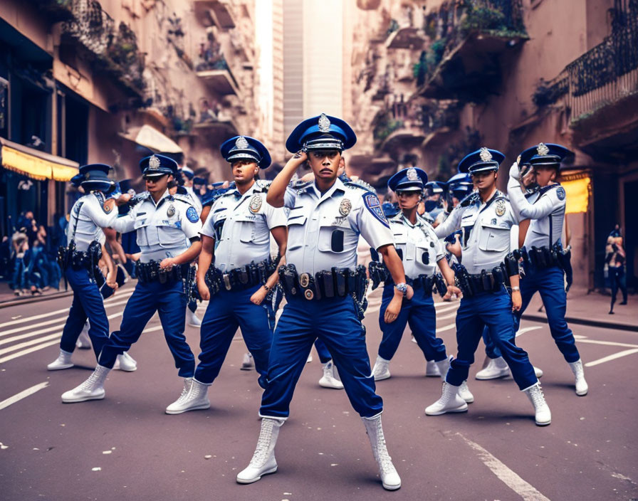 Uniformed police officers marching in formation on city street.