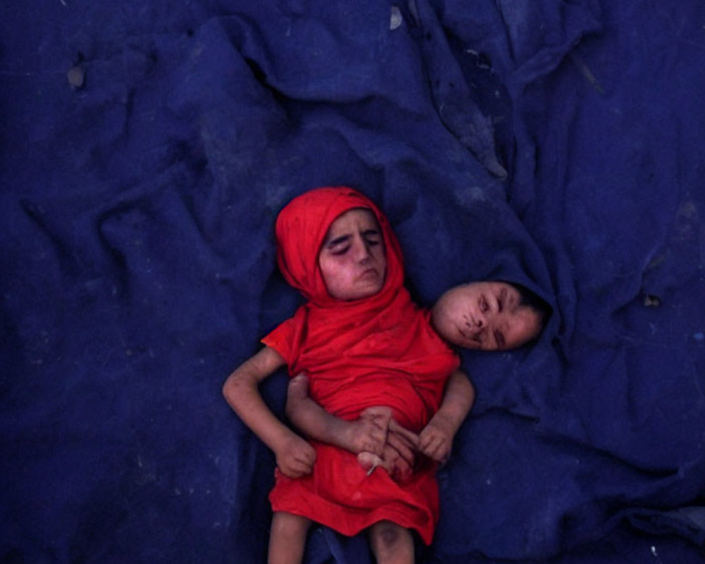 Two children on blue fabric, one in red garment, showing distress.