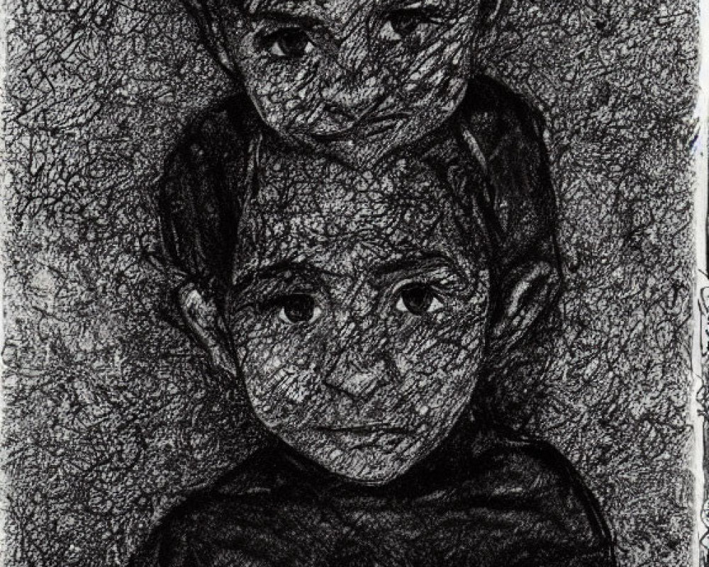 Detailed Monochrome Sketch of Two Children with Expressive Eyes