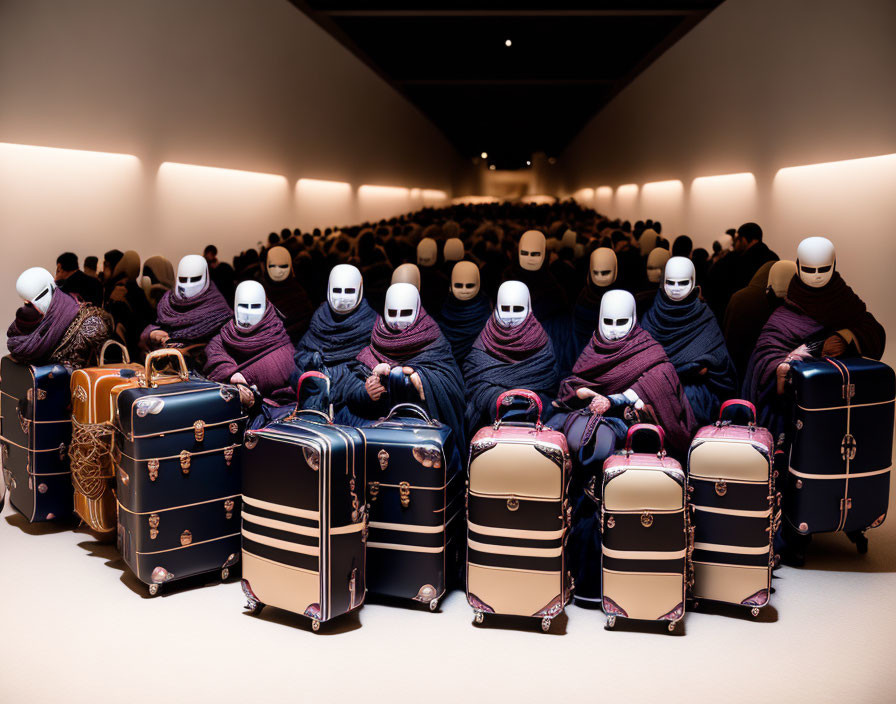 Purple Knitwear Mannequins with Suitcases in Dimly Lit Room