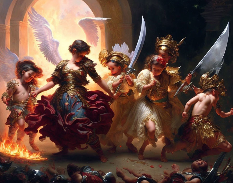 Dramatic scene: Angelic figures in ornate attire with weapons, fallen cherubs, flames