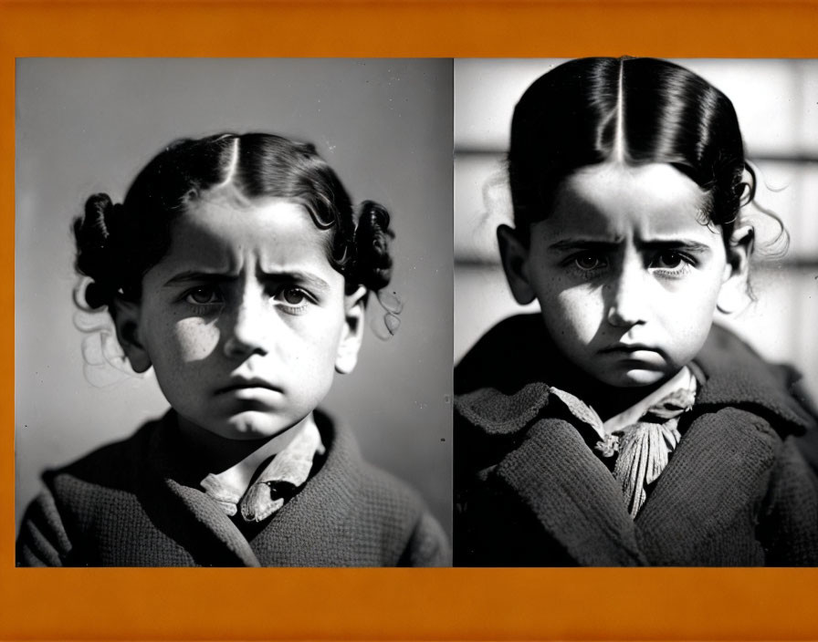 Two side-by-side vintage portraits of a young girl with braided hair and a serious expression on plain