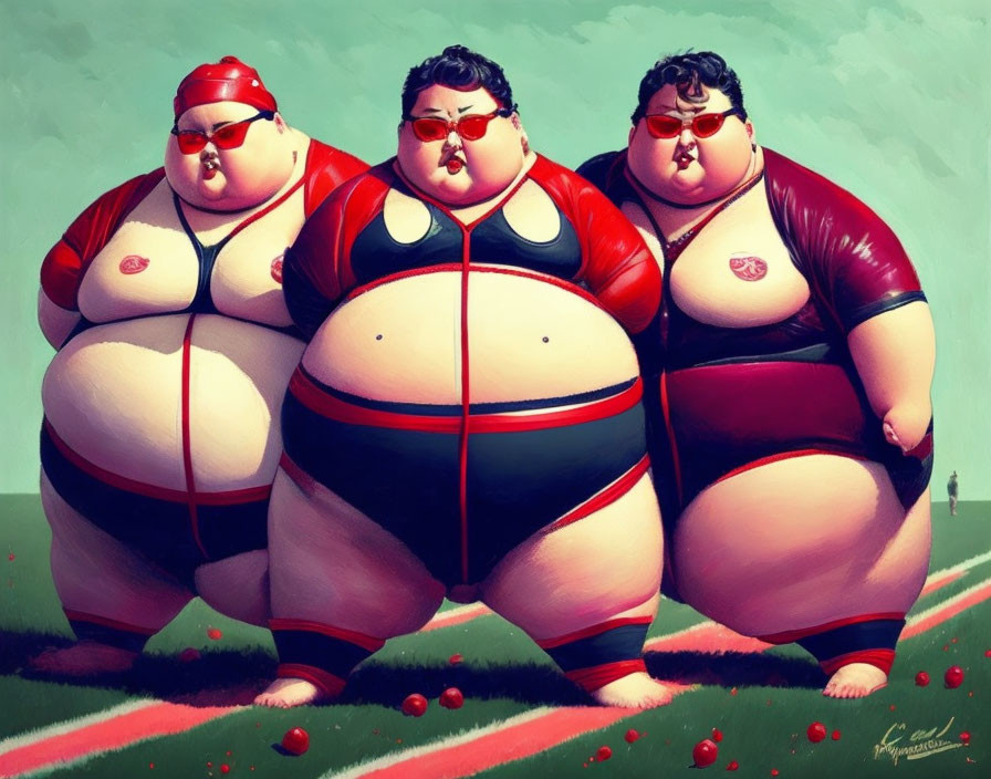 Stylized cartoon sumo wrestlers on grass field with apples.