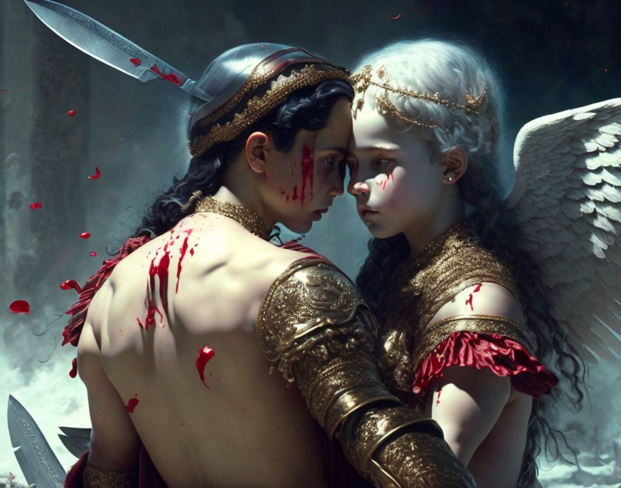 Fantasy characters with angelic wings embrace in a solemn battle scene