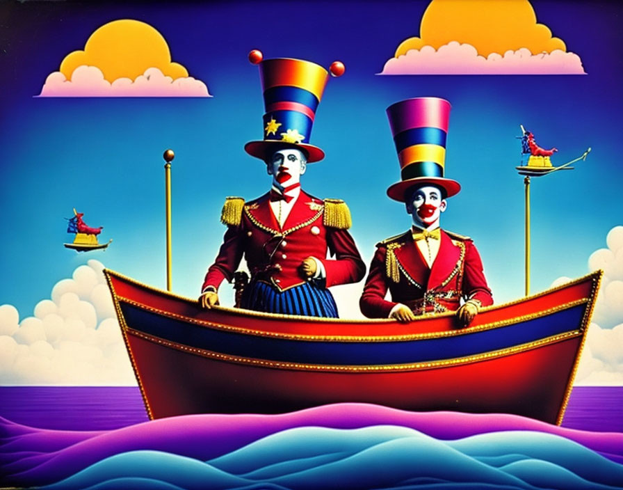 Whimsical characters in red uniforms on golden-trimmed boat in surreal seascape