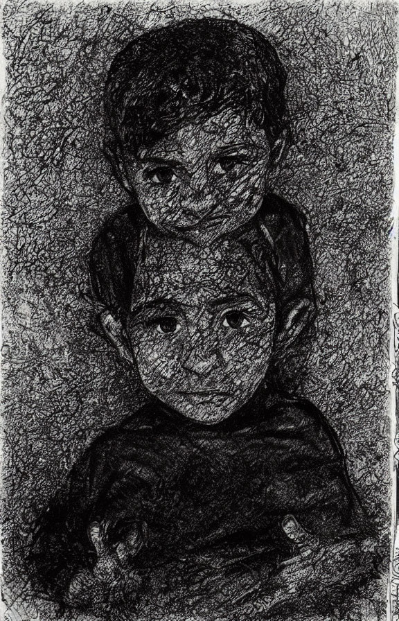 Detailed Monochrome Sketch of Two Children with Expressive Eyes