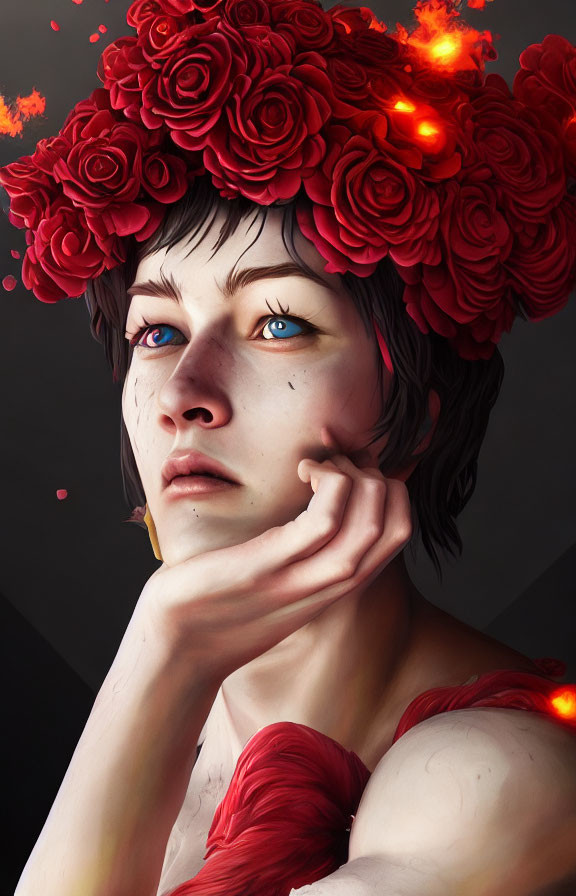 Digital portrait of person with red rose crown and blue eyes