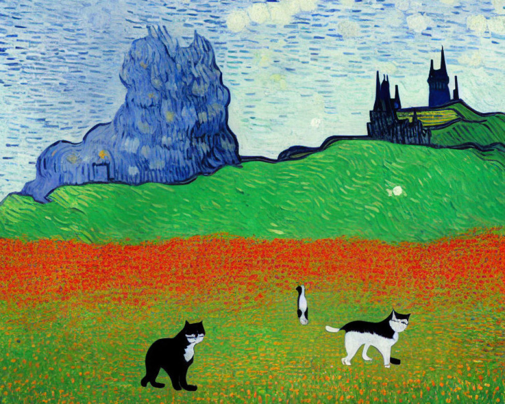 Three cats in red flower field with castle on horizon