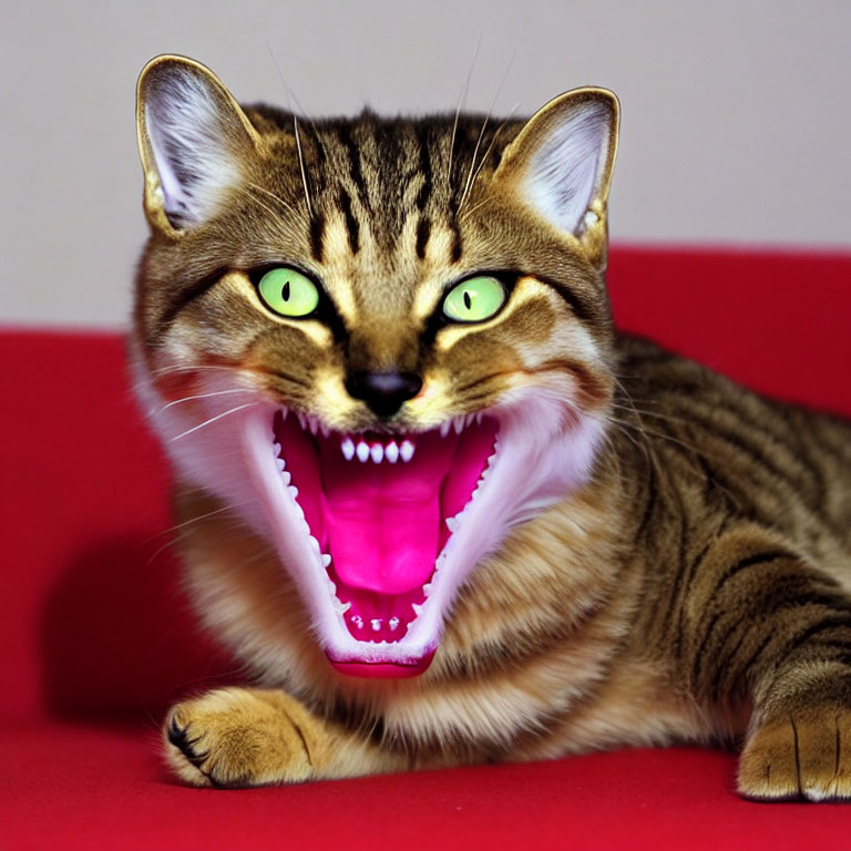 Tabby cat with oversized mouth and sharp teeth on red backdrop