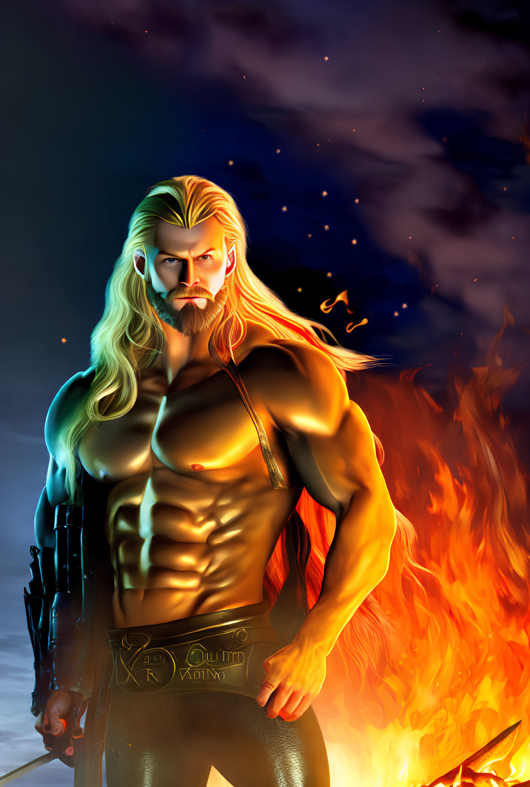 Muscular animated character with long blonde hair in front of fiery background