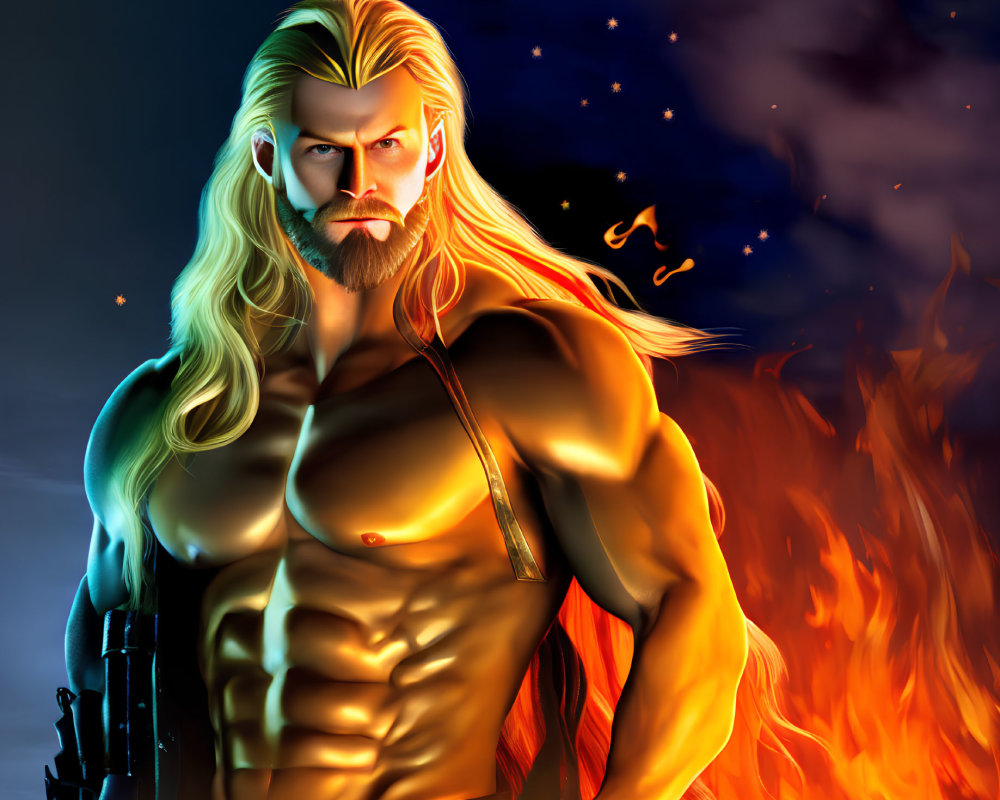 Muscular animated character with long blonde hair in front of fiery background