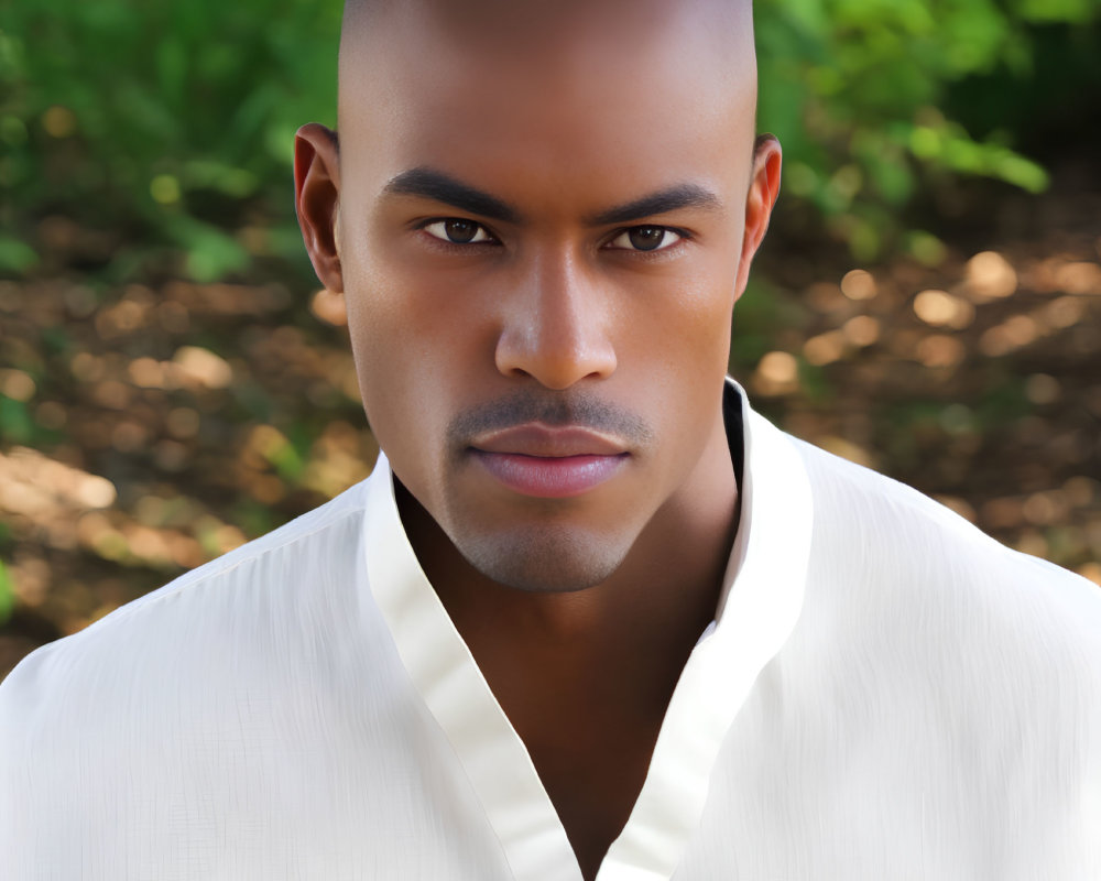 Bald Man in White Shirt with Gold Buttons in Nature Setting