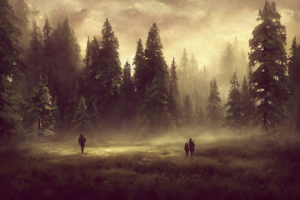 Misty forest scene with two people walking between tall pine trees