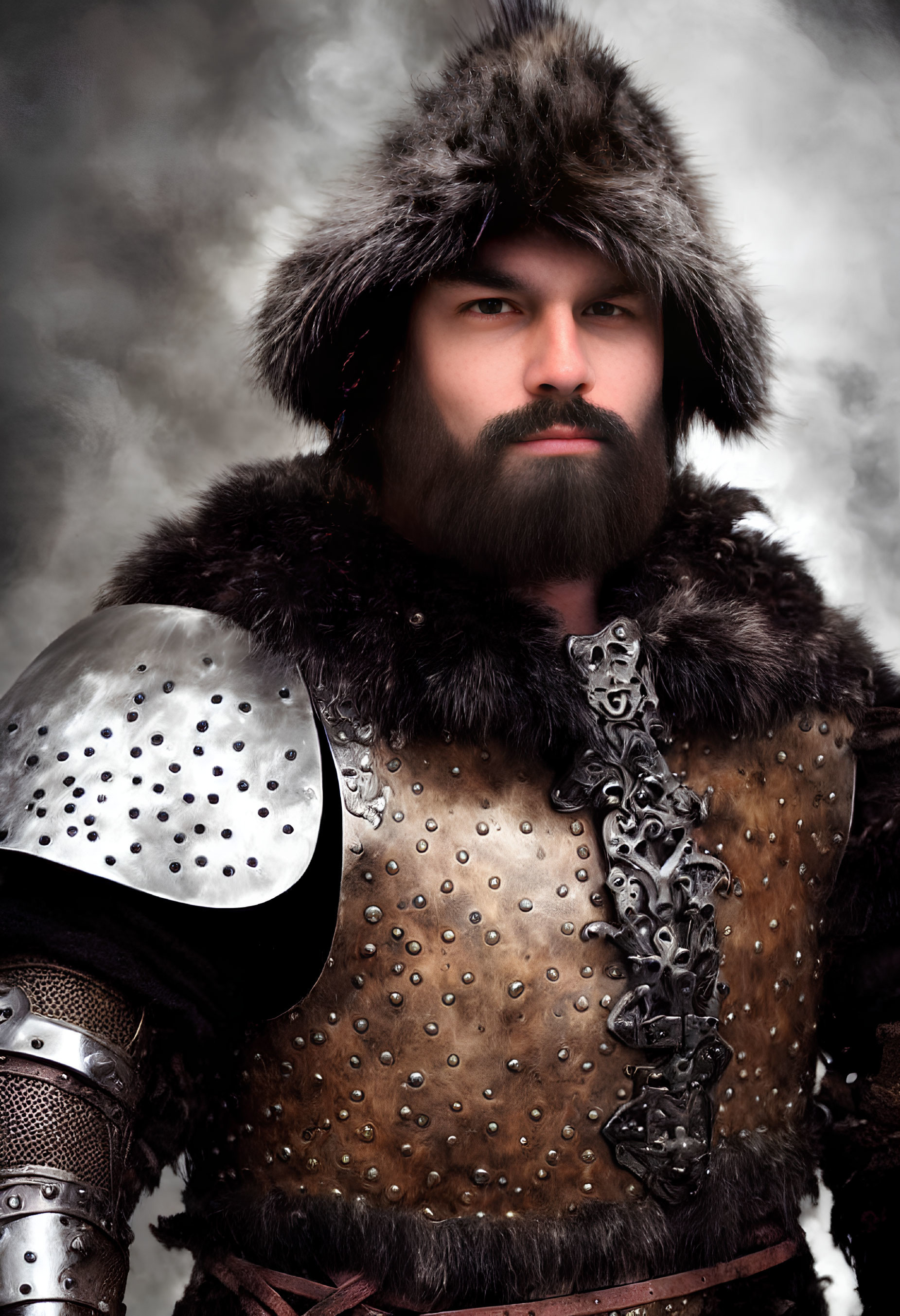 Medieval armor-clad man with fur hat in studded leather jerkin on smoky background