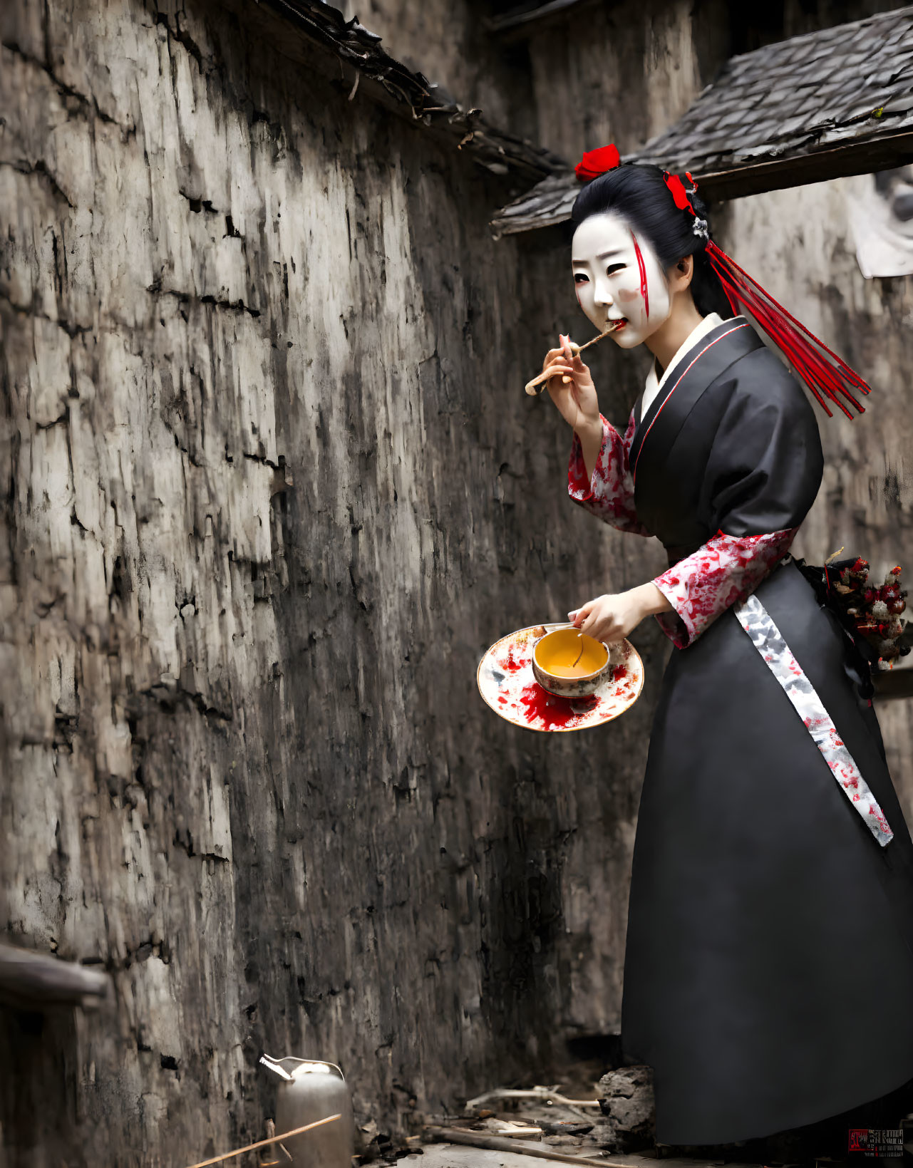 Traditional Geisha Holding Teacup in Alley with Textured Wall