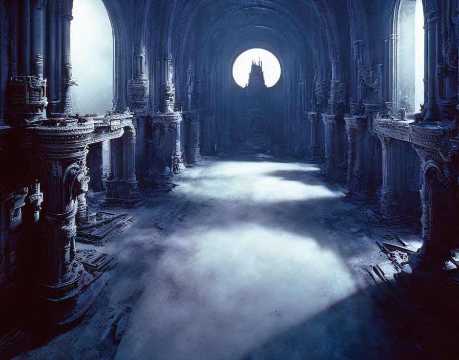 Ornate Gothic Cathedral Interior with Pillars, Fog, and Light