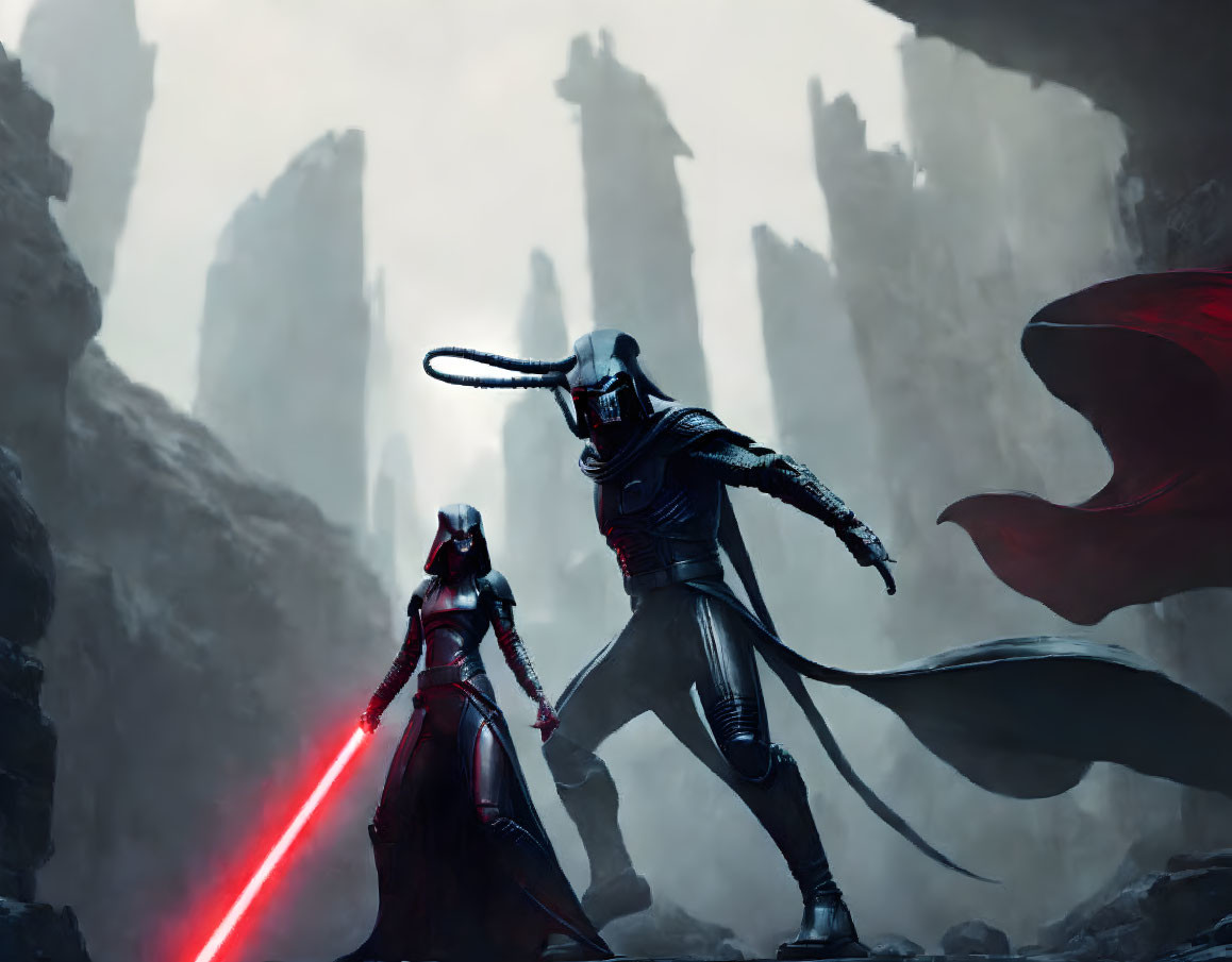 Dark armored figures with red lightsaber in misty rock landscape